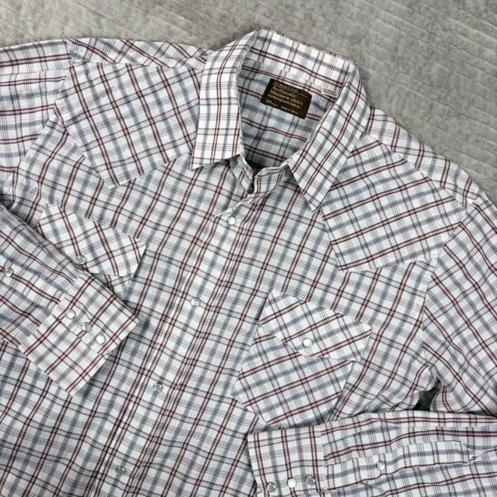 Vintage JCPenney The Western Shop Pearl Snap Plaid Shirt Burgundy White Blue